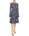 Santorelli Roni Long Sleeve Fit And Flare Dress In Stretch Floral Print In Blue