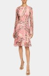 Santorelli Roni Long Sleeve Fit And Flare Dress In Printed Silk Chiffon In Pink