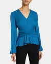 Santorelli Long Sleeve Blouse With Cinched Waist In Silk Georgette In Aquamarine