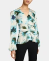 Santorelli Ruby Long Sleeve Blouse With Cinched Waist In Aquamarine Multi