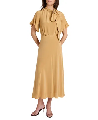 Santorelli Sabrina Silk Short Sleeve Tie Neck Midi Dress In Multi