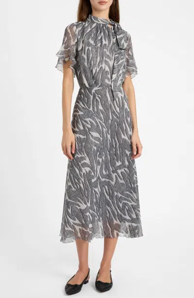 Santorelli Sabrina Tie Neck Short Sleeve Midi Dress In Onyx Multi