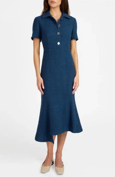 Santorelli Sahara Short Sleeve Asymmetric Midi Tweed Dress In Blue