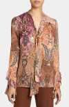 Santorelli Sienna Long Sleeve Blouse With Neck Tie In Printed Charmeuse In Neutral