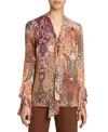 Santorelli Sienna Long Sleeve Blouse With Neck Tie In Printed Charmeuse In Brown