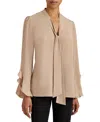 Santorelli Sienna Long Sleeve Silk Blouse With Neck Tie In Brown