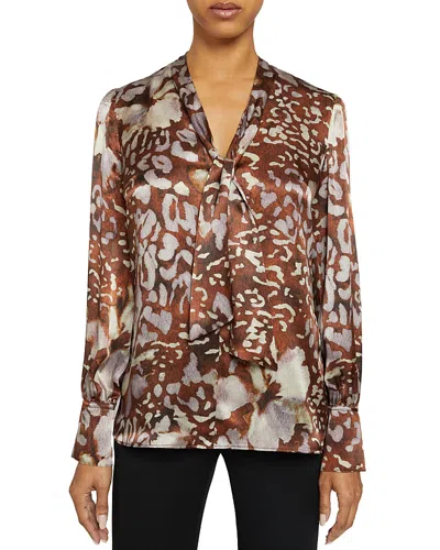 Santorelli Silk Blend Tie Neck Blouse In Hickory Multi