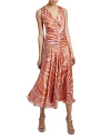 Santorelli Eden Ruched Swirl-print Charmeuse Midi Dress In Raspberry