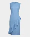 Santorelli Cami Sleeveless Luxury Tweed Sheath Dress With Skirt Ruffle In Marine Blue