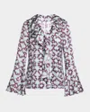 Santorelli Sydney Long Sleeve Button Down Blouse With Ruffles In Graphic Printed Charmeuse In Ocean Mist