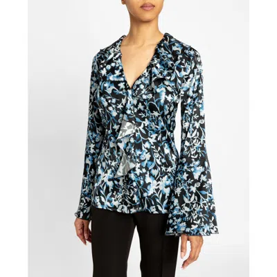 Santorelli Sydney Long Sleeve Floral Ruffle Blouse In Blue