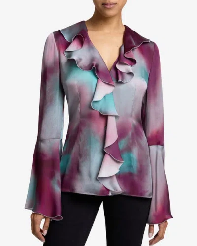 Santorelli Sydney Long Sleeve Ruffle Neck Blouse In Cherry Cola
