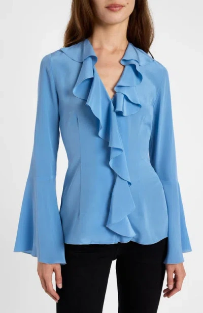 Santorelli Sydney Silk Long Sleeve Ruffle Blouse In Blue