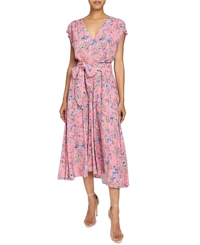 Santorelli Talia Cap Sleeve Midi Dress In Stretch Floral Print In Pink