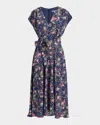 Santorelli Talia Cap Sleeve Midi Dress In Stretch Floral Print In Blue