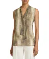 Santorelli Teca Printed Georgette Sleeveless Tie Neck Blouse In Gray
