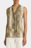 Santorelli Teca Printed Georgette Sleeveless Tie Neck Blouse In Brown