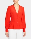 Santorelli Winnie Long Sleeve Buttoned Blouse In Silk Crepe De Chine In Red