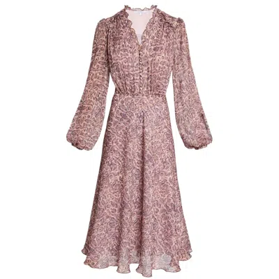 Santorelli Amal Printed Georgette Long Sleeve Fit And Flare Midi Dress In Brown