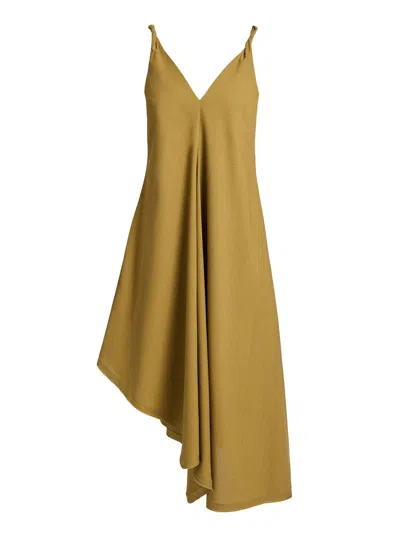 Santorelli Kourt Asymmetric Sleeveless Linen Blend Midi Billow Dress In Brown