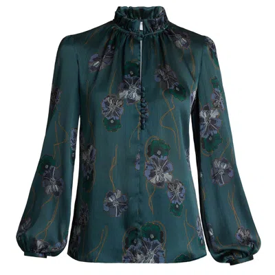 Santorelli Astrid Long Sleeve Ruffle-neck Printed Top In Green