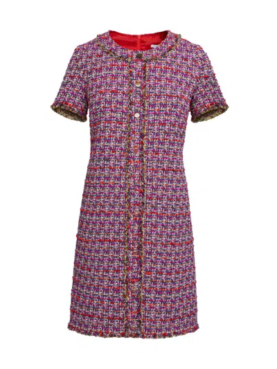 Santorelli Fringe Trim Tweed Shift Dress In Magenta Multi