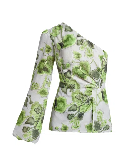 Santorelli Women's Floral Georgette One-shoulder Twist Blouse In Moss