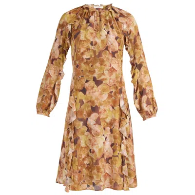 Santorelli Women's Neutrals Jayda Long Sleeve Ruffle Dress In Floral Crepe In Multi