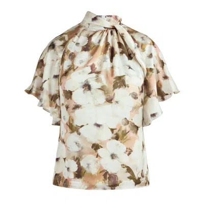 SANTORELLI WOMEN'S NEUTRALS JOYCE MOCK NECK BLOUSE WITH SHORT CAPE SLEEVES IN FLORAL GEORGETTE