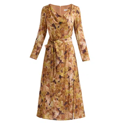Santorelli Women's Neutrals Piper Long Sleeve Cowl Neck Dress In Floral Crepe In Brown