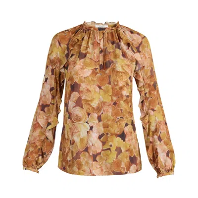 Santorelli Women's Neutrals Skyla Long Sleeve Ruffle Blouse In Floral Crepe In Multi