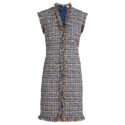 Santorelli Tuscany Cap Sleeve V-neck Sheath Tweed Dress In Blue