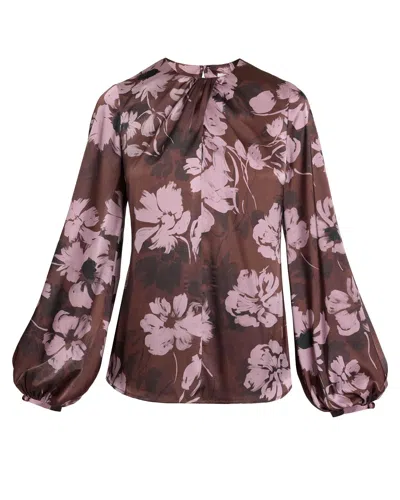 Santorelli Women's Purple Elena Long Sleeve Twist Neck Blouse In Floral Twill Crepe In Brown