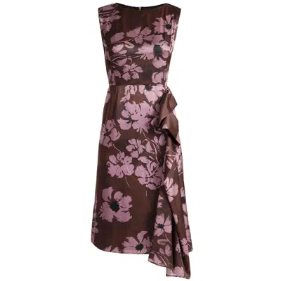 Santorelli Women's Purple Nica Sleeveless Dress With Side Ruffle In Floral Twill Crepe In Brown