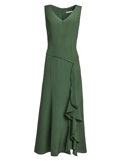 Santorelli Women's Ruffle Silk Crêpe De Chine Midi-dress In Moss