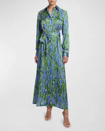 Santorelli Zara Abstract-print Charmeuse Maxi Shirtdress In Iris