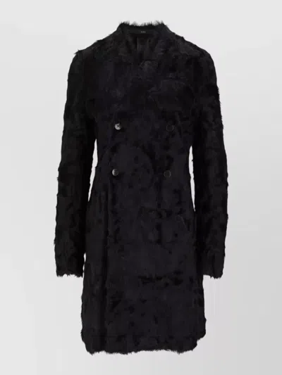 Sapio Long Double Breasted Coat Agnello Textured Finish In Black