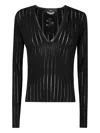 Sapio Sheer Striped V-neck Knit Sweater In Black