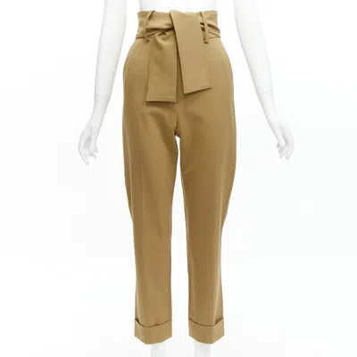 Pre-owned Sara Battaglia Khaki Wool High Waisted Tie Belt Cuffed Tapered Pants It36 Xxs In Brown