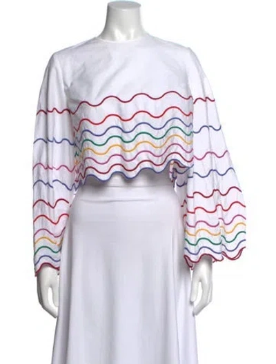 Pre-owned Sara Battaglia Patterned Crew Neck Crop Top In White