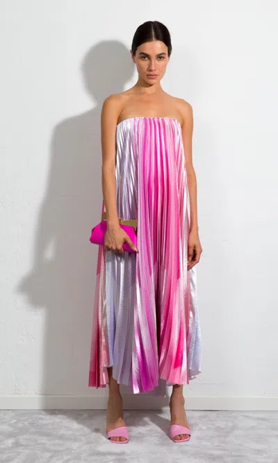 Sara Battaglia Plissé Dress In Pink Rainbow