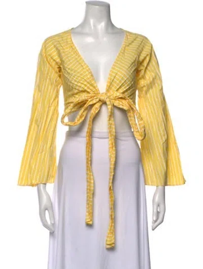 Pre-owned Sara Battaglia Striped V-neck Crop Top In Yellow