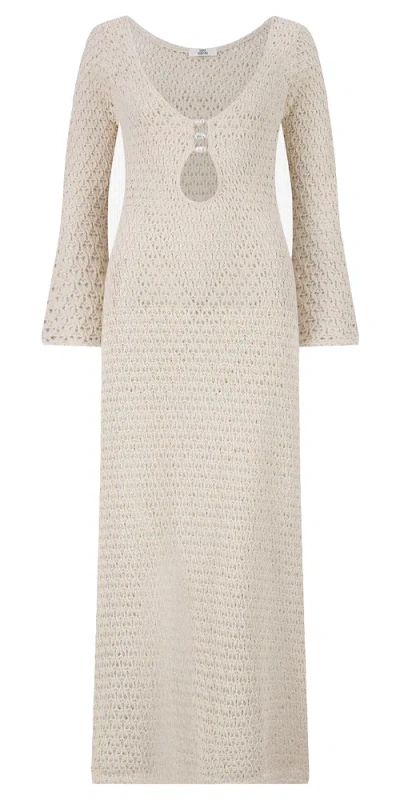 Sara Cristina Marina Dress With Baroque Pearls In Ecru Crochet In Neutral