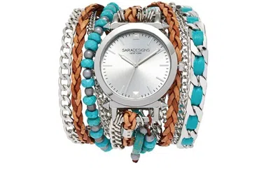 Pre-owned Sara Designs Leather Chain Wrap Watch Turquoise Multi Women 3357