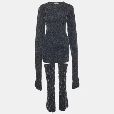 Pre-owned Sara Pedram By  Blue Textured Denim Mini Dress And Embellished Stockings Set Xs