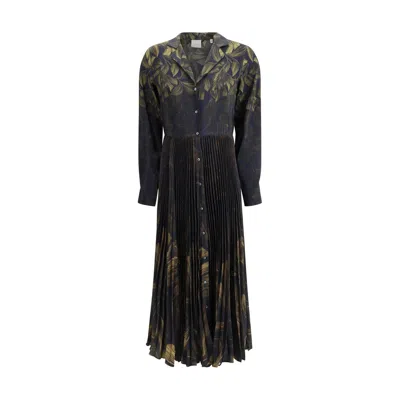 Sara Roka Leaf-print Pleated Dress In Blue