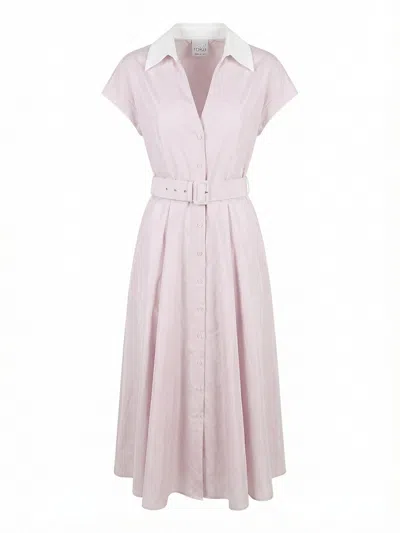 Sara Roka Midi Cheri Front-buttons Belted Dress In Pink