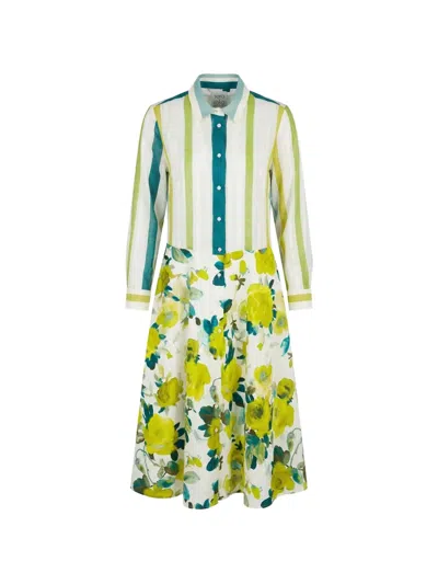 Sara Roka Floral-print Striped Dress In Green