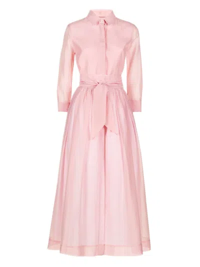 Sara Roka Midi Shirt Dress With Flared Skirt And Fabric Belt In Pink