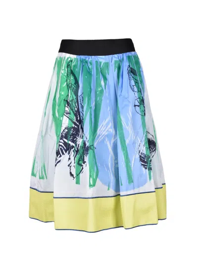 Sara Roka White/green Elastic Waist Printed Midi Skirt In Multi